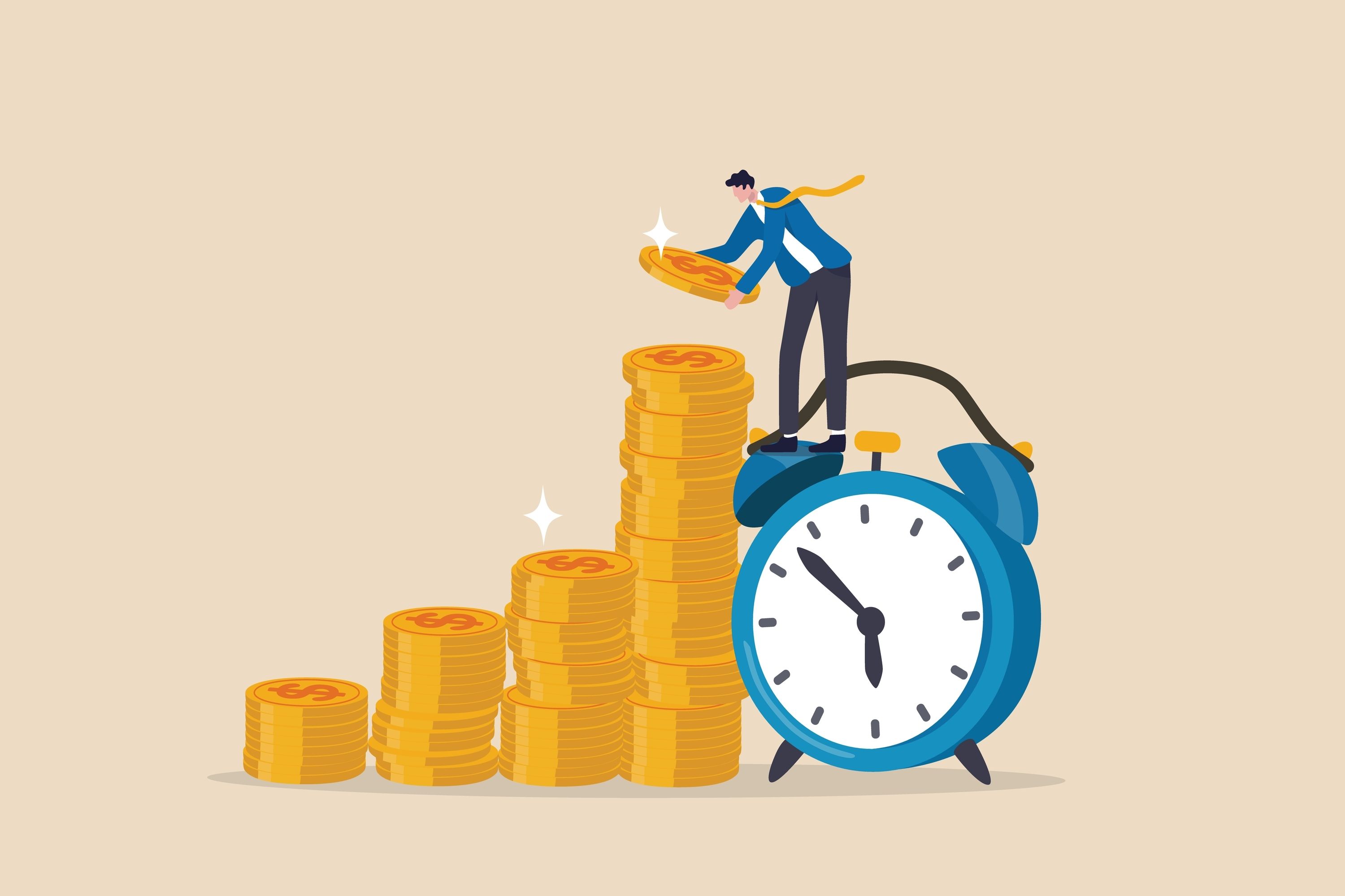 Man on clock stacking gold coins